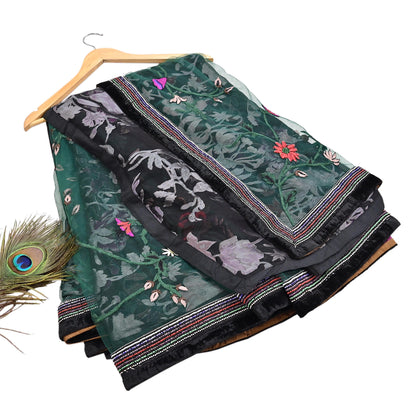 Vintage Black & Green Chiffon Silk, Net Heavy Embroidered Saree, Abu Jani Designer Sari, Bridal Wedding Wear 5Yd with Blouse fabric