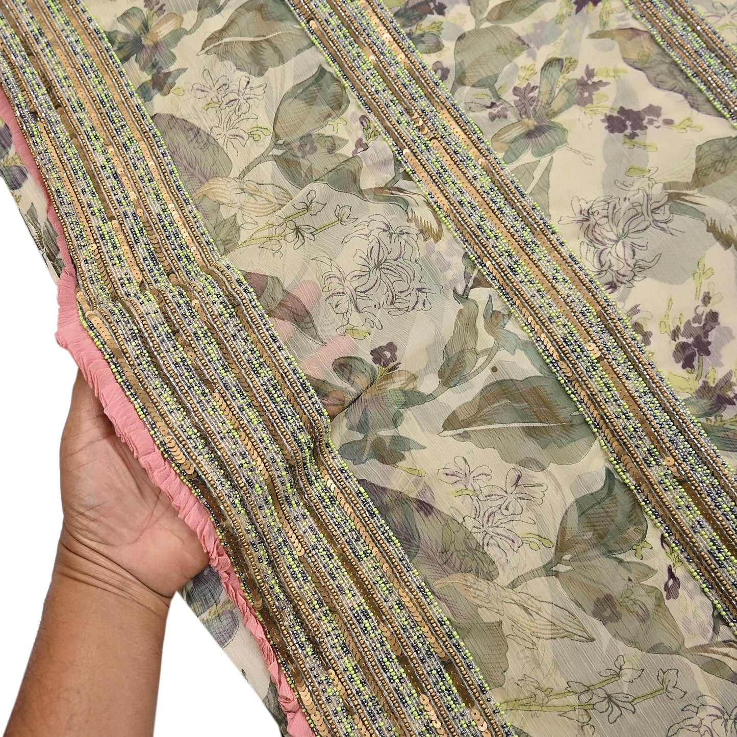 Indian Pre-owned Sari Green & Ivory Pure Georgette Silk Hand Embroidered Anamika Khanna Designer Sarees Ethnic 6Yd Sewing  Wedding Sarees