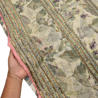 Indian Pre-owned Sari Green & Ivory Pure Georgette Silk Hand Embroidered Anamika Khanna Designer Sarees Ethnic 6Yd Sewing  Wedding Sarees