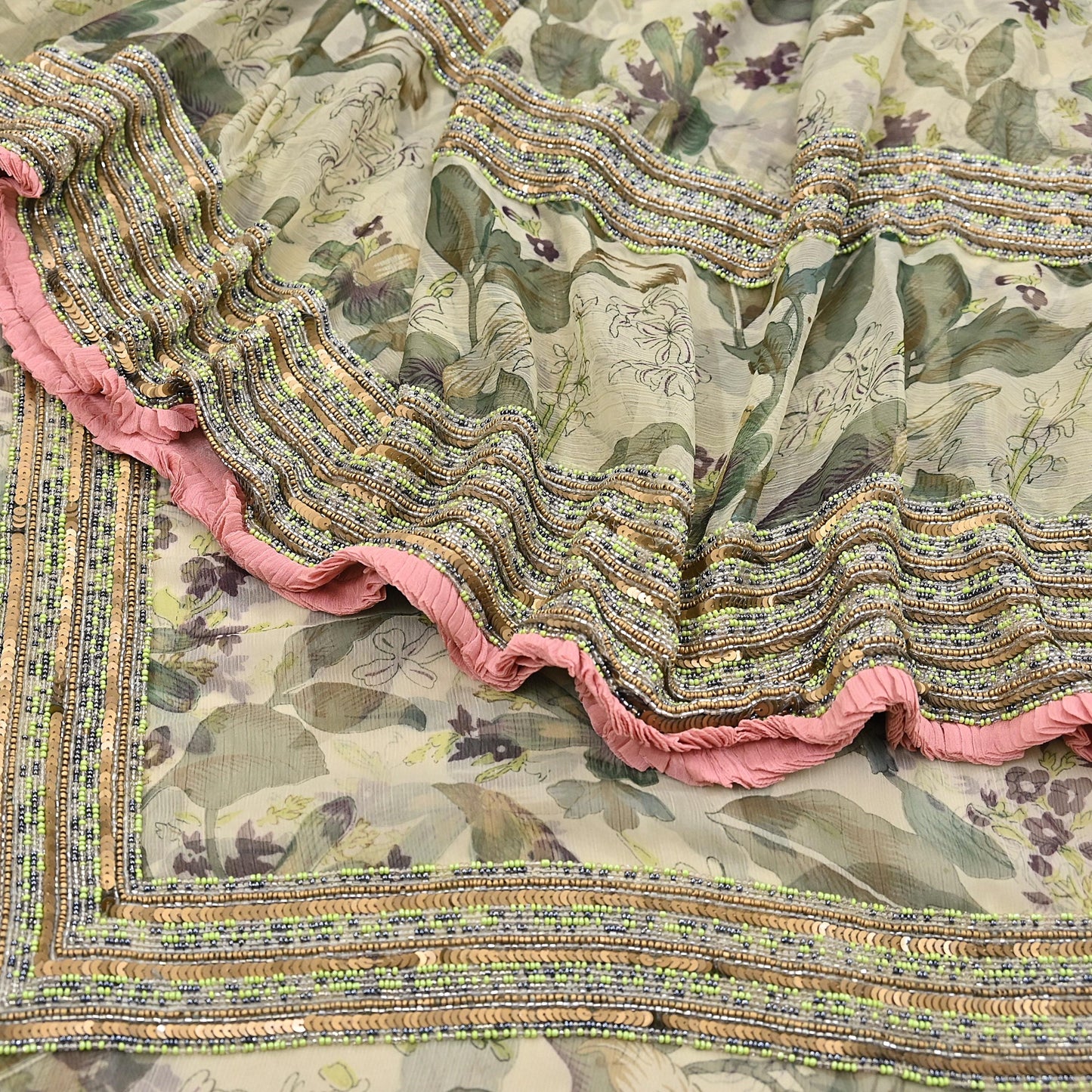 Indian Pre-owned Sari Green & Ivory Pure Georgette Silk Hand Embroidered Anamika Khanna Designer Sarees Ethnic 6Yd Sewing  Wedding Sarees