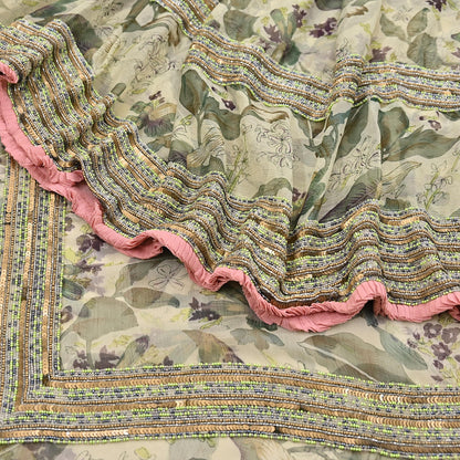 Indian Pre-owned Sari Green & Ivory Pure Georgette Silk Hand Embroidered Anamika Khanna Designer Sarees Ethnic 6Yd Sewing  Wedding Sarees