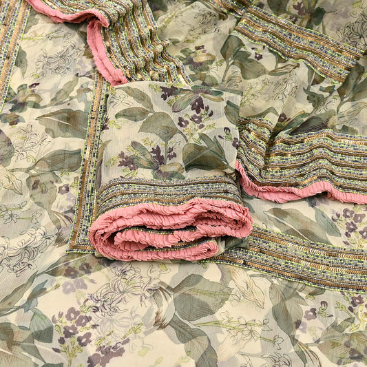 Indian Pre-owned Sari Green & Ivory Pure Georgette Silk Hand Embroidered Anamika Khanna Designer Sarees Ethnic 6Yd Sewing  Wedding Sarees