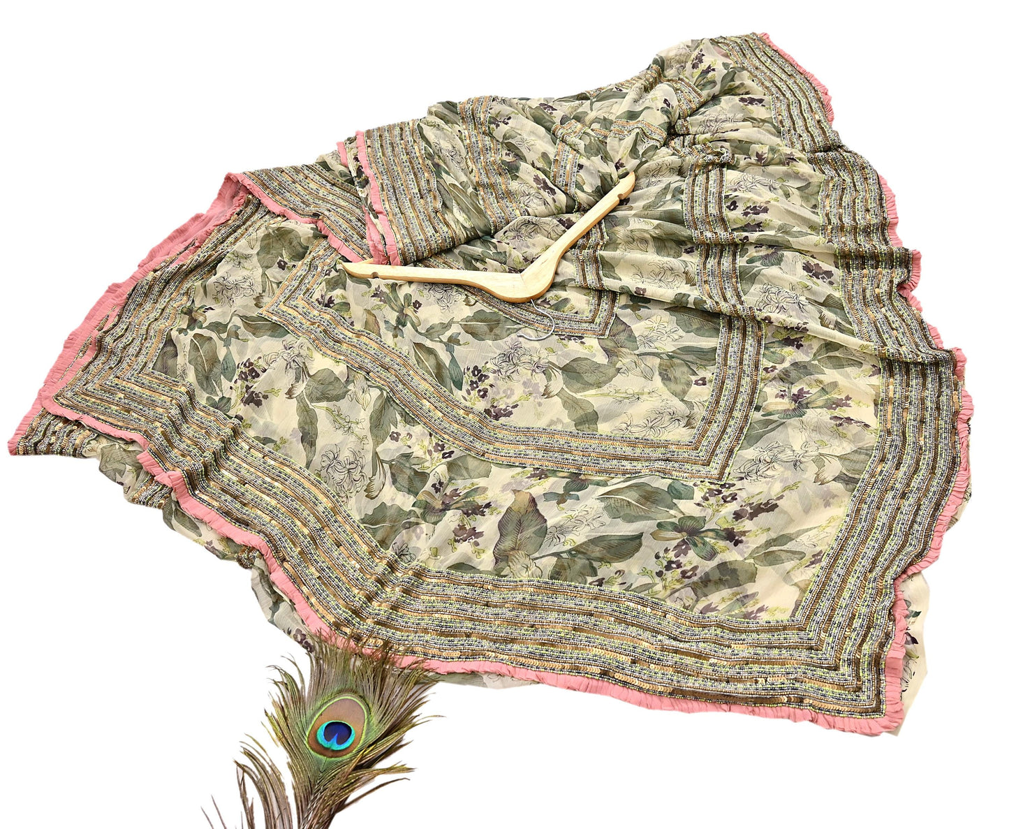 Indian Pre-owned Sari Green & Ivory Pure Georgette Silk Hand Embroidered Anamika Khanna Designer Sarees Ethnic 6Yd Sewing  Wedding Sarees