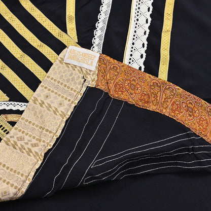 Indian Pre-owned Heavy Sari Black Pure Crepe Silk Hand Embroidered Sarees Designer Abu Jani 5Yd Sewing Ethnic Sarees