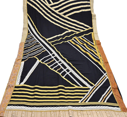 Indian Pre-owned Heavy Sari Black Pure Crepe Silk Hand Embroidered Sarees Designer Abu Jani 5Yd Sewing Ethnic Sarees