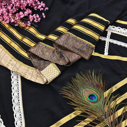 Indian Pre-owned Heavy Sari Black Pure Crepe Silk Hand Embroidered Sarees Designer Abu Jani 5Yd Sewing Ethnic Sarees