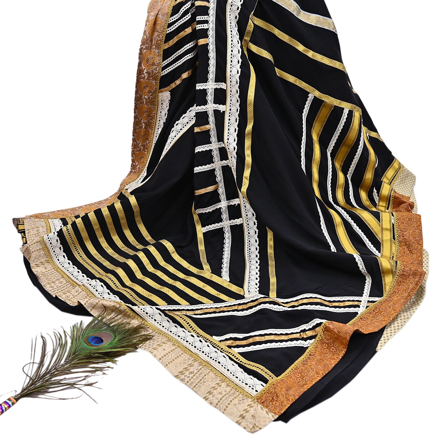 Indian Pre-owned Heavy Sari Black Pure Crepe Silk Hand Embroidered Sarees Designer Abu Jani 5Yd Sewing Ethnic Sarees