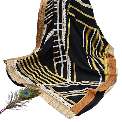 Indian Pre-owned Heavy Sari Black Pure Crepe Silk Hand Embroidered Sarees Designer Abu Jani 5Yd Sewing Ethnic Sarees