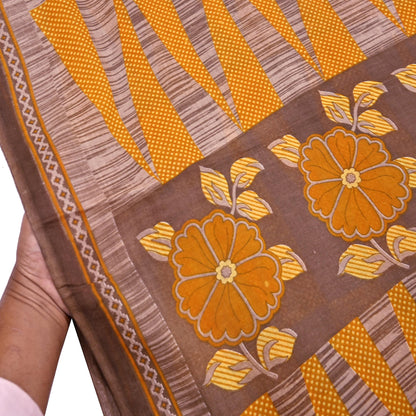 Indian Vintage Sari Brown Printed 100% Pure Cotton Saree Craft Fabric 5Yd Soft Sewing Sarong Wrap Boho Dress Making Quilting