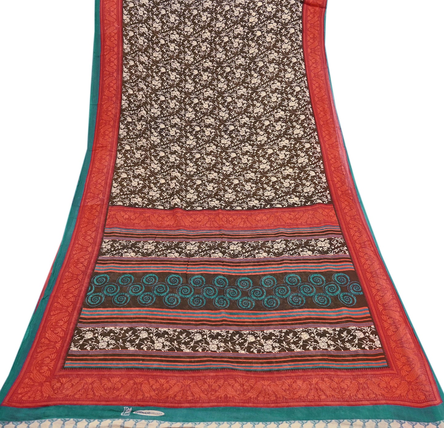 Indian Vintage Sari Brown & Ivory Printed 100% Pure Cotton Saree Craft Fabric 5Yd Soft Sewing Sarong Wrap Boho Dress Making Quilting