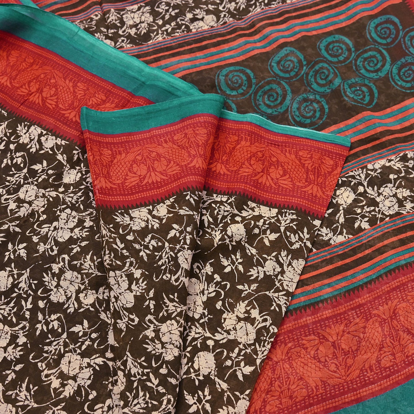 Indian Vintage Sari Brown & Ivory Printed 100% Pure Cotton Saree Craft Fabric 5Yd Soft Sewing Sarong Wrap Boho Dress Making Quilting
