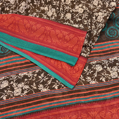 Indian Vintage Sari Brown & Ivory Printed 100% Pure Cotton Saree Craft Fabric 5Yd Soft Sewing Sarong Wrap Boho Dress Making Quilting