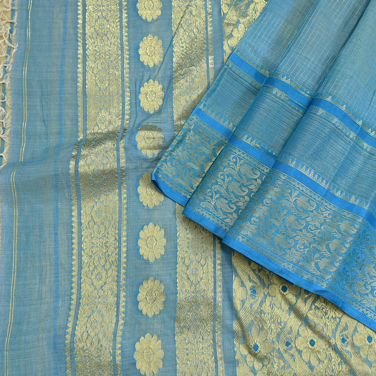 Indian Vintage Sari Beige & Blue 100% Pure Silk Hand Woven Sarees Craft Fabric 5Yd Ethnic Sewing Dress making Crafting Quilting Upcycle