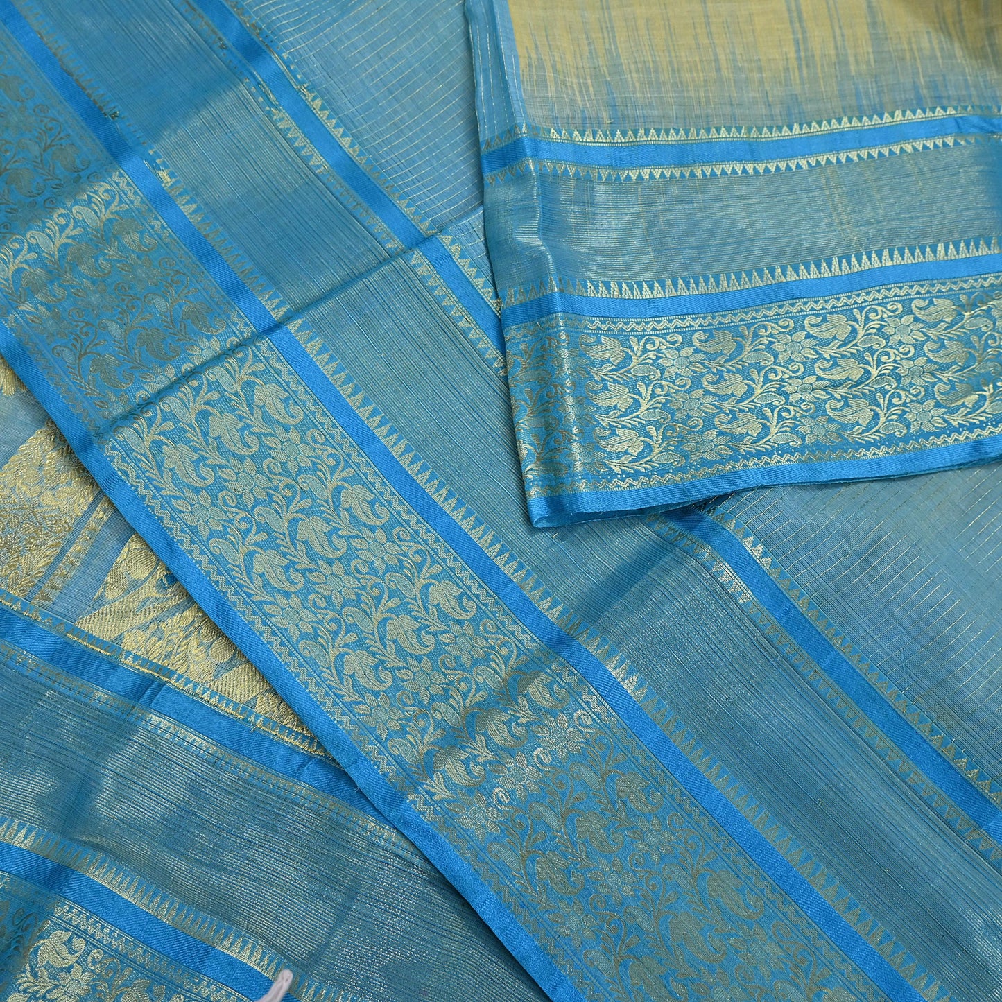 Indian Vintage Sari Beige & Blue 100% Pure Silk Hand Woven Sarees Craft Fabric 5Yd Ethnic Sewing Dress making Crafting Quilting Upcycle