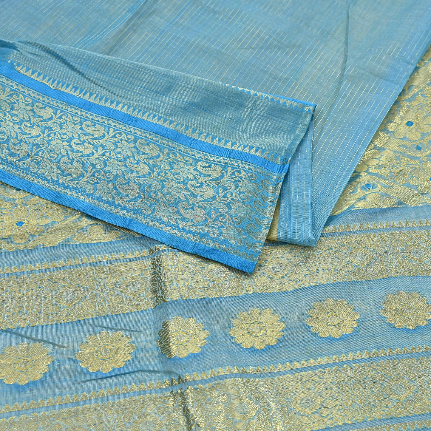 Indian Vintage Sari Beige & Blue 100% Pure Silk Hand Woven Sarees Craft Fabric 5Yd Ethnic Sewing Dress making Crafting Quilting Upcycle