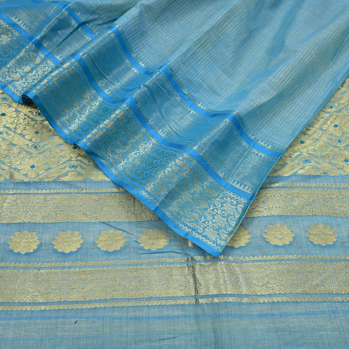 Indian Vintage Sari Beige & Blue 100% Pure Silk Hand Woven Sarees Craft Fabric 5Yd Ethnic Sewing Dress making Crafting Quilting Upcycle