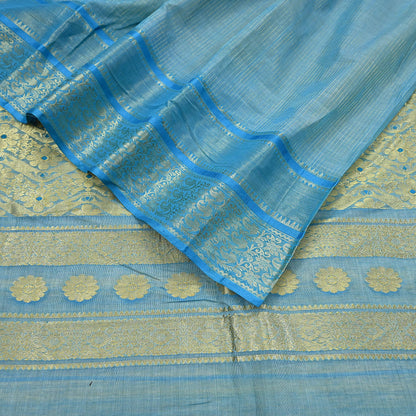 Indian Vintage Sari Beige & Blue 100% Pure Silk Hand Woven Sarees Craft Fabric 5Yd Ethnic Sewing Dress making Crafting Quilting Upcycle