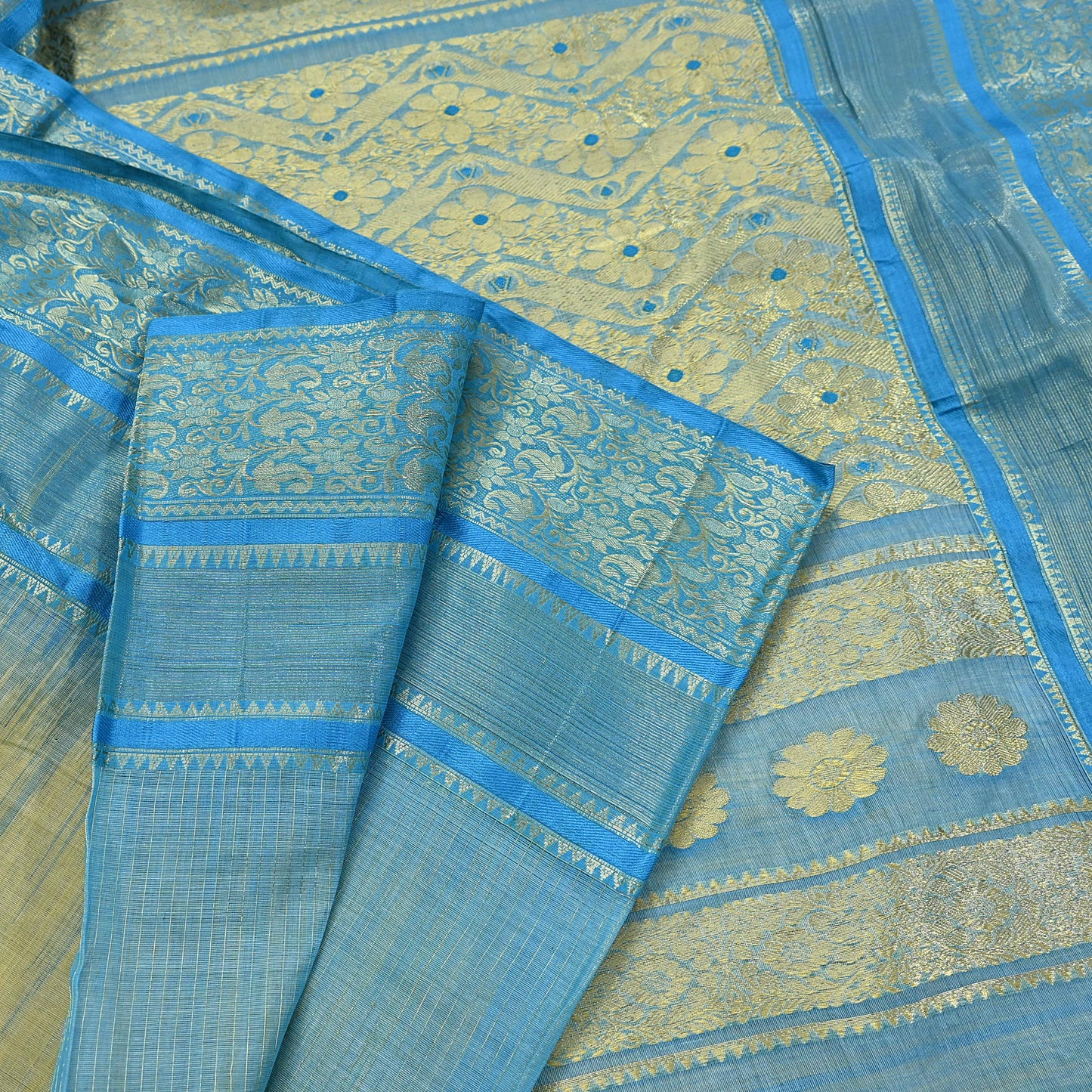 Indian Vintage Sari Beige & Blue 100% Pure Silk Hand Woven Sarees Craft Fabric 5Yd Ethnic Sewing Dress making Crafting Quilting Upcycle