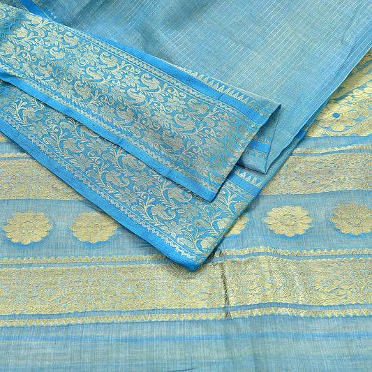 Indian Vintage Sari Beige & Blue 100% Pure Silk Hand Woven Sarees Craft Fabric 5Yd Ethnic Sewing Dress making Crafting Quilting Upcycle