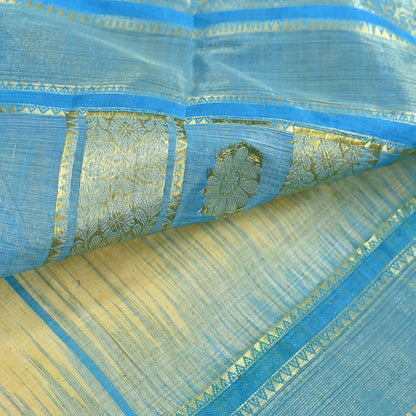 Indian Vintage Sari Beige & Blue 100% Pure Silk Hand Woven Sarees Craft Fabric 5Yd Ethnic Sewing Dress making Crafting Quilting Upcycle