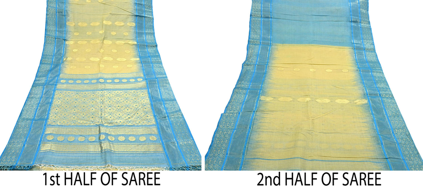 Indian Vintage Sari Beige & Blue 100% Pure Silk Hand Woven Sarees Craft Fabric 5Yd Ethnic Sewing Dress making Crafting Quilting Upcycle