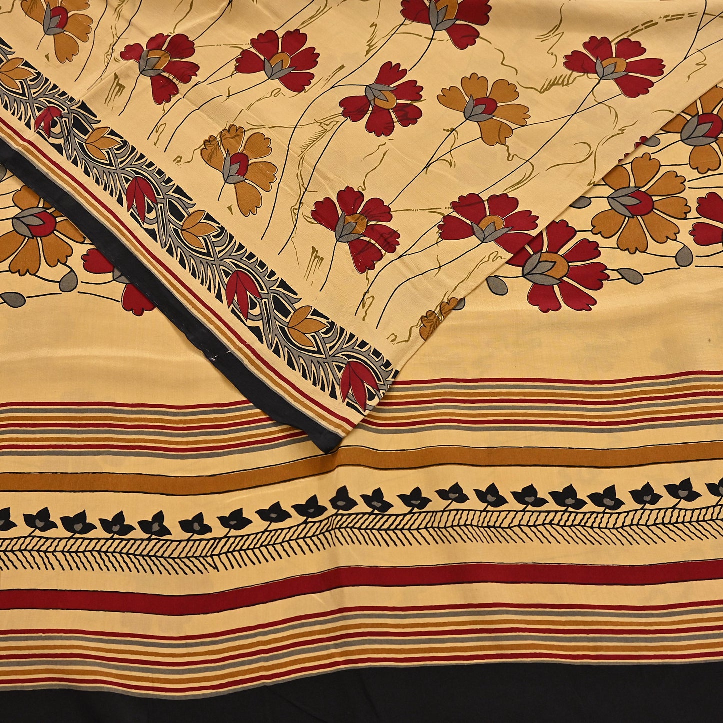 Indian Vintage Sari Beige Pure Crepe Silk Block Printed Sarees 5yd Sewing Soft Craft Fabric Wrap Dress making Crafting Quilting