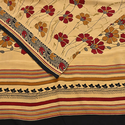 Indian Vintage Sari Beige Pure Crepe Silk Block Printed Sarees 5yd Sewing Soft Craft Fabric Wrap Dress making Crafting Quilting