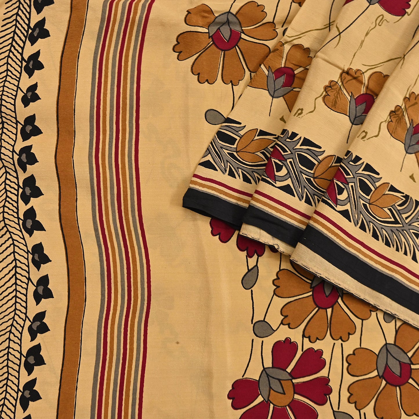 Indian Vintage Sari Beige Pure Crepe Silk Block Printed Sarees 5yd Sewing Soft Craft Fabric Wrap Dress making Crafting Quilting