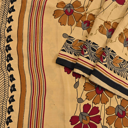 Indian Vintage Sari Beige Pure Crepe Silk Block Printed Sarees 5yd Sewing Soft Craft Fabric Wrap Dress making Crafting Quilting