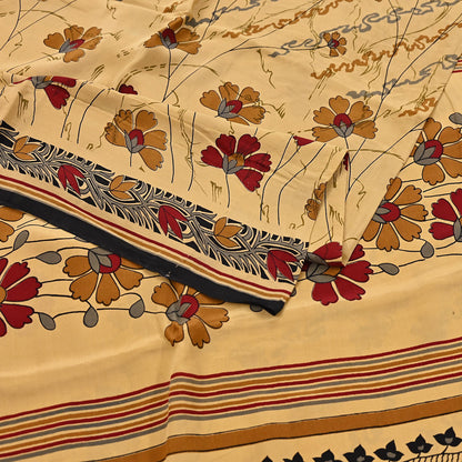 Indian Vintage Sari Beige Pure Crepe Silk Block Printed Sarees 5yd Sewing Soft Craft Fabric Wrap Dress making Crafting Quilting