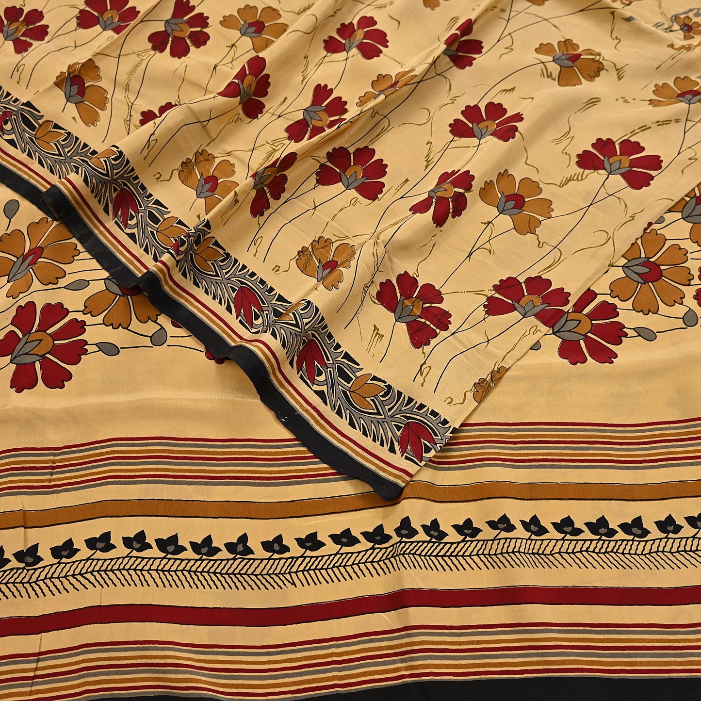 Indian Vintage Sari Beige Pure Crepe Silk Block Printed Sarees 5yd Sewing Soft Craft Fabric Wrap Dress making Crafting Quilting
