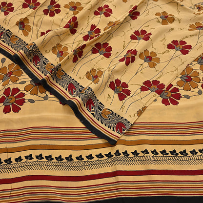 Indian Vintage Sari Beige Pure Crepe Silk Block Printed Sarees 5yd Sewing Soft Craft Fabric Wrap Dress making Crafting Quilting