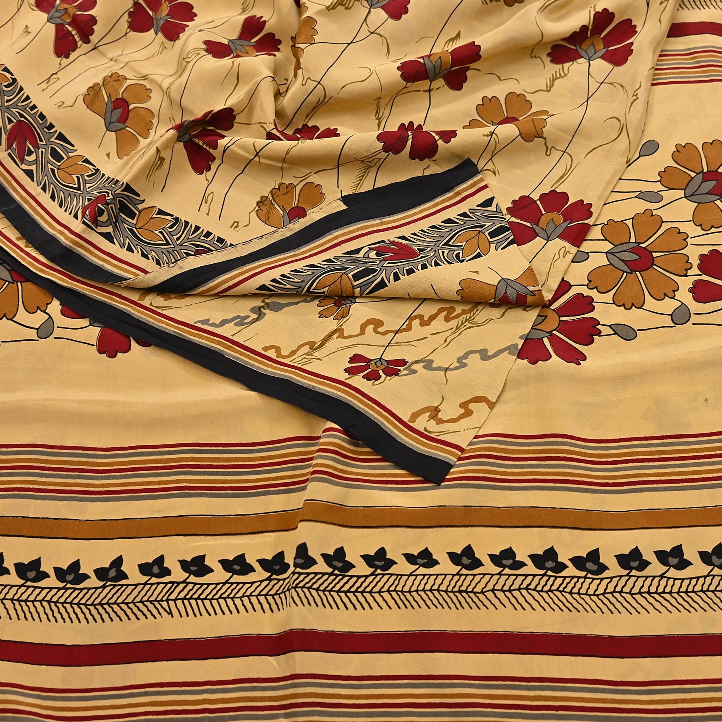 Indian Vintage Sari Beige Pure Crepe Silk Block Printed Sarees 5yd Sewing Soft Craft Fabric Wrap Dress making Crafting Quilting