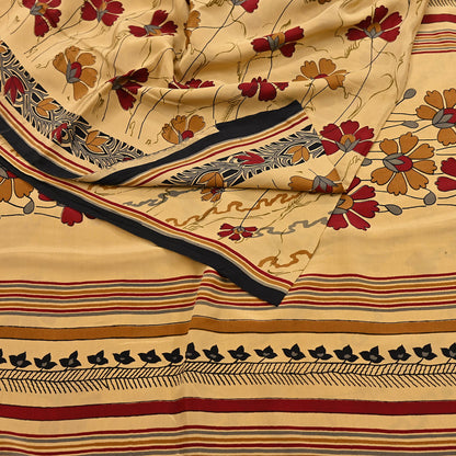 Indian Vintage Sari Beige Pure Crepe Silk Block Printed Sarees 5yd Sewing Soft Craft Fabric Wrap Dress making Crafting Quilting