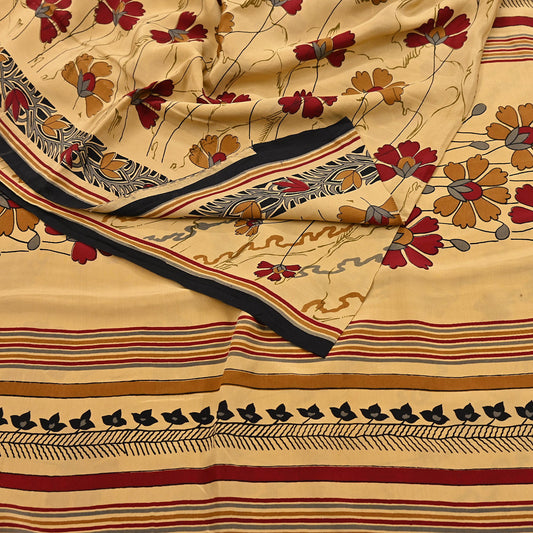Indian Vintage Sari Beige Pure Crepe Silk Block Printed Sarees 5yd Sewing Soft Craft Fabric Wrap Dress making Crafting Quilting