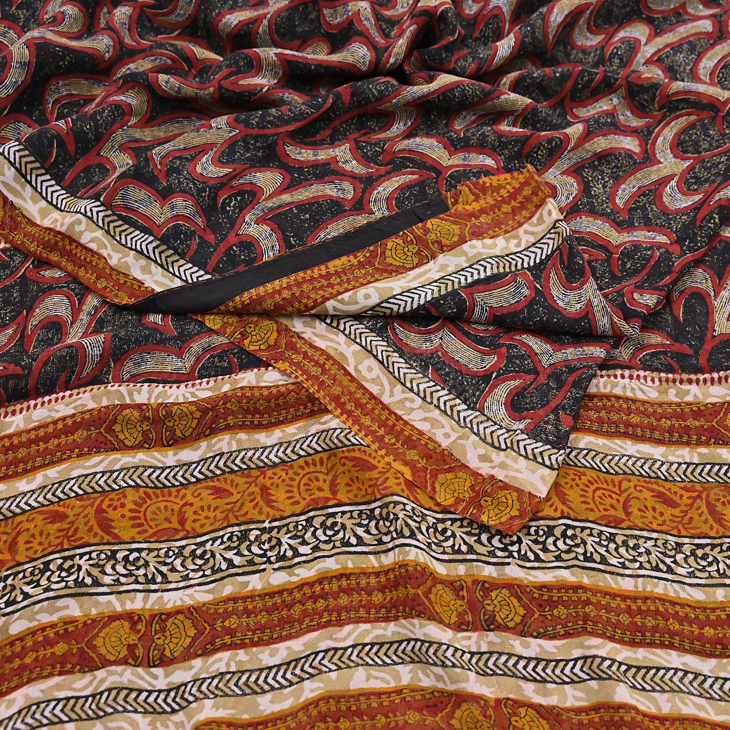 Indian Vintage Sari Black 100% Pure Georgette Silk Hand Printed Sarees Sewing 5yd Craft Fabric Soft Dress Designing for Crafting