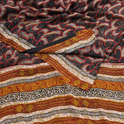 Indian Vintage Sari Black 100% Pure Georgette Silk Hand Printed Sarees Sewing 5yd Craft Fabric Soft Dress Designing for Crafting