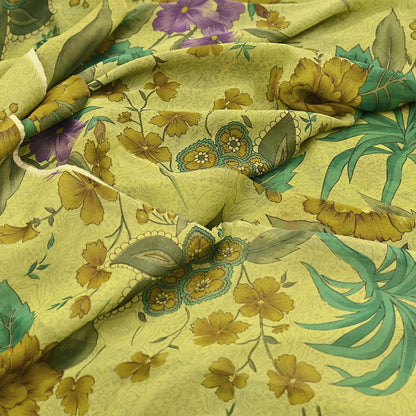 Indian Vintage Sari Green 100% Pure Georgette Silk Hand Printed Sarees Sewing 6yd Craft Fabric Soft Dress Designing for Crafting