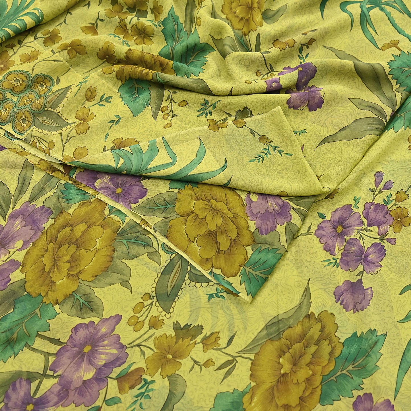 Indian Vintage Sari Green 100% Pure Georgette Silk Hand Printed Sarees Sewing 6yd Craft Fabric Soft Dress Designing for Crafting