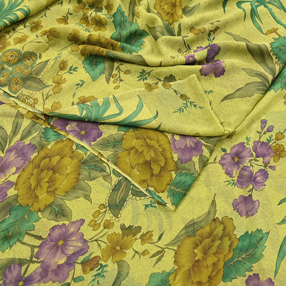 Indian Vintage Sari Green 100% Pure Georgette Silk Hand Printed Sarees Sewing 6yd Craft Fabric Soft Dress Designing for Crafting
