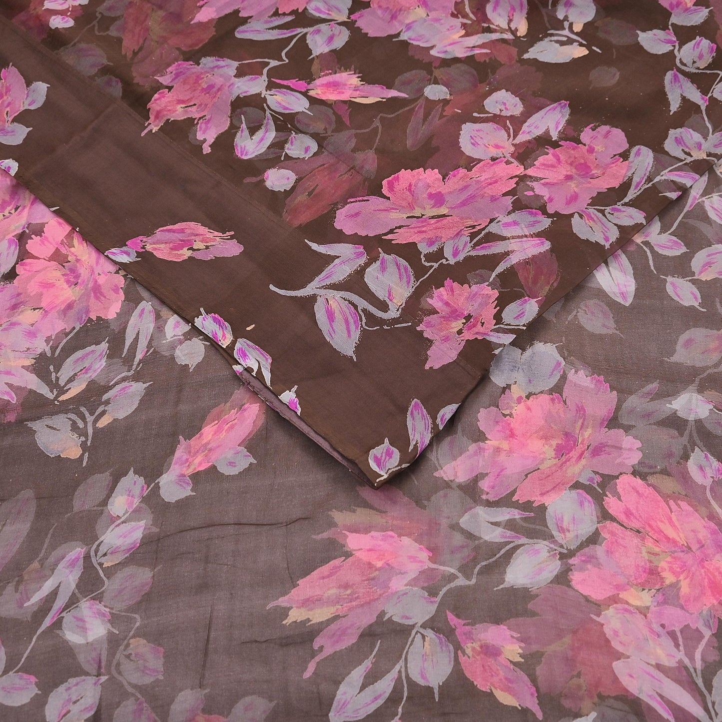 Vintage Saree Brown Pure Chiffon Silk Printed Sari Craft Fabric Sewing 5Yard Soft