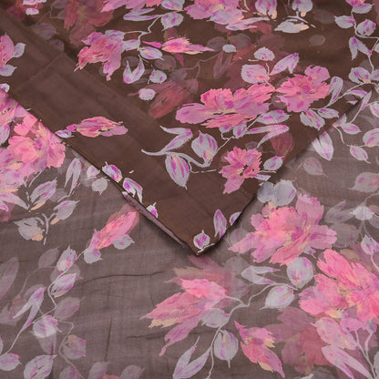 Vintage Saree Brown Pure Chiffon Silk Printed Sari Craft Fabric Sewing 5Yard Soft