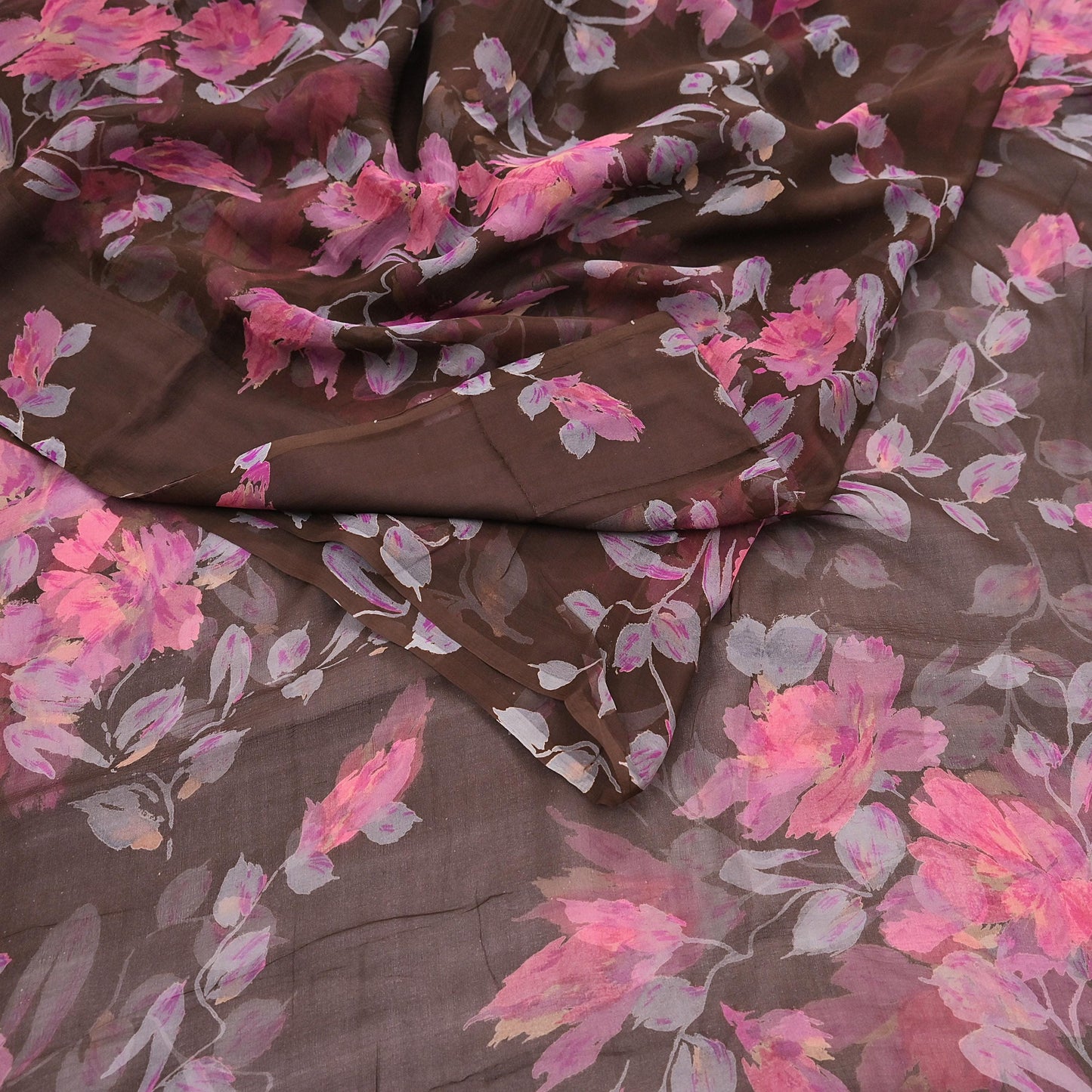 Vintage Saree Brown Pure Chiffon Silk Printed Sari Craft Fabric Sewing 5Yard Soft