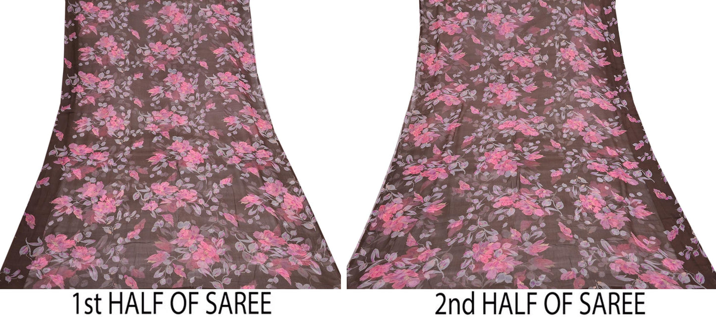 Vintage Saree Brown Pure Chiffon Silk Printed Sari Craft Fabric Sewing 5Yard Soft