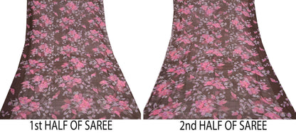 Vintage Saree Brown Pure Chiffon Silk Printed Sari Craft Fabric Sewing 5Yard Soft