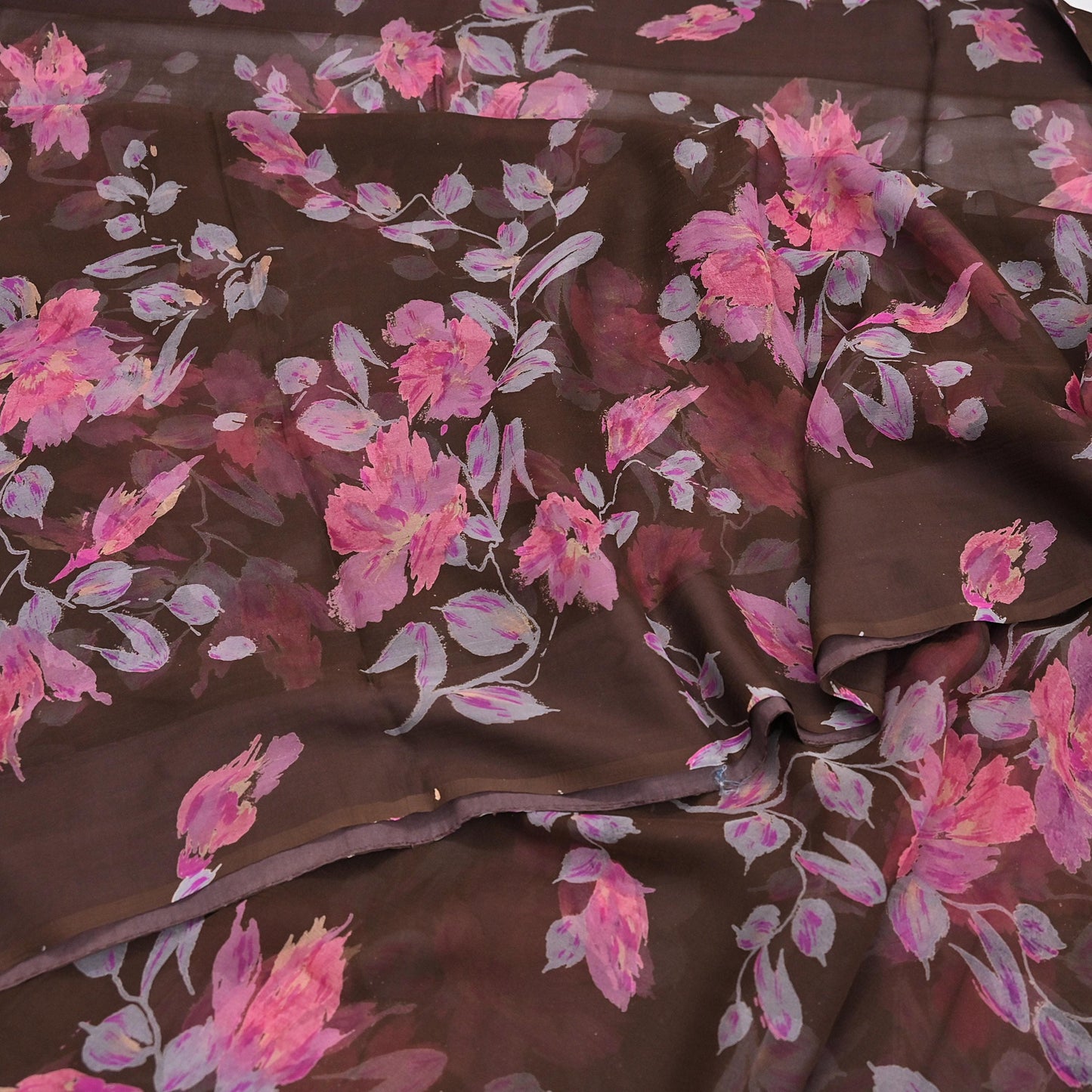 Vintage Saree Brown Pure Chiffon Silk Printed Sari Craft Fabric Sewing 5Yard Soft