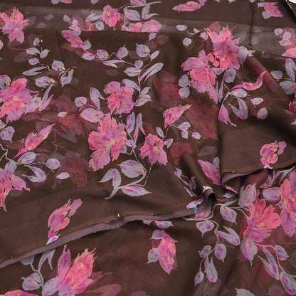 Vintage Saree Brown Pure Chiffon Silk Printed Sari Craft Fabric Sewing 5Yard Soft