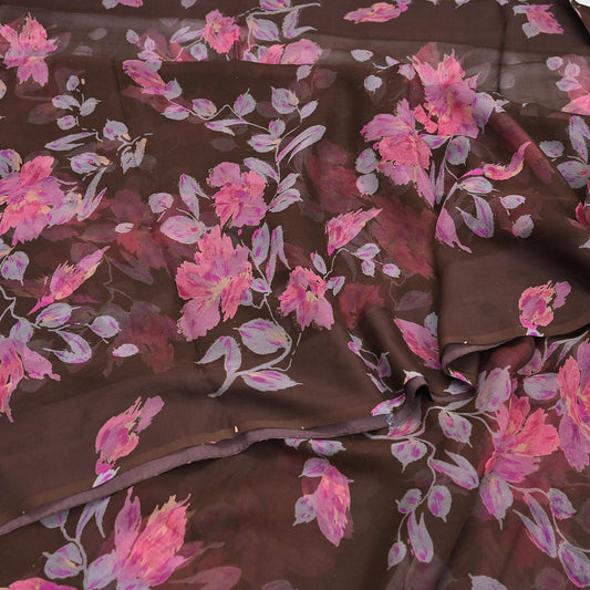 Vintage Saree Brown Pure Chiffon Silk Printed Sari Craft Fabric Sewing 5Yard Soft