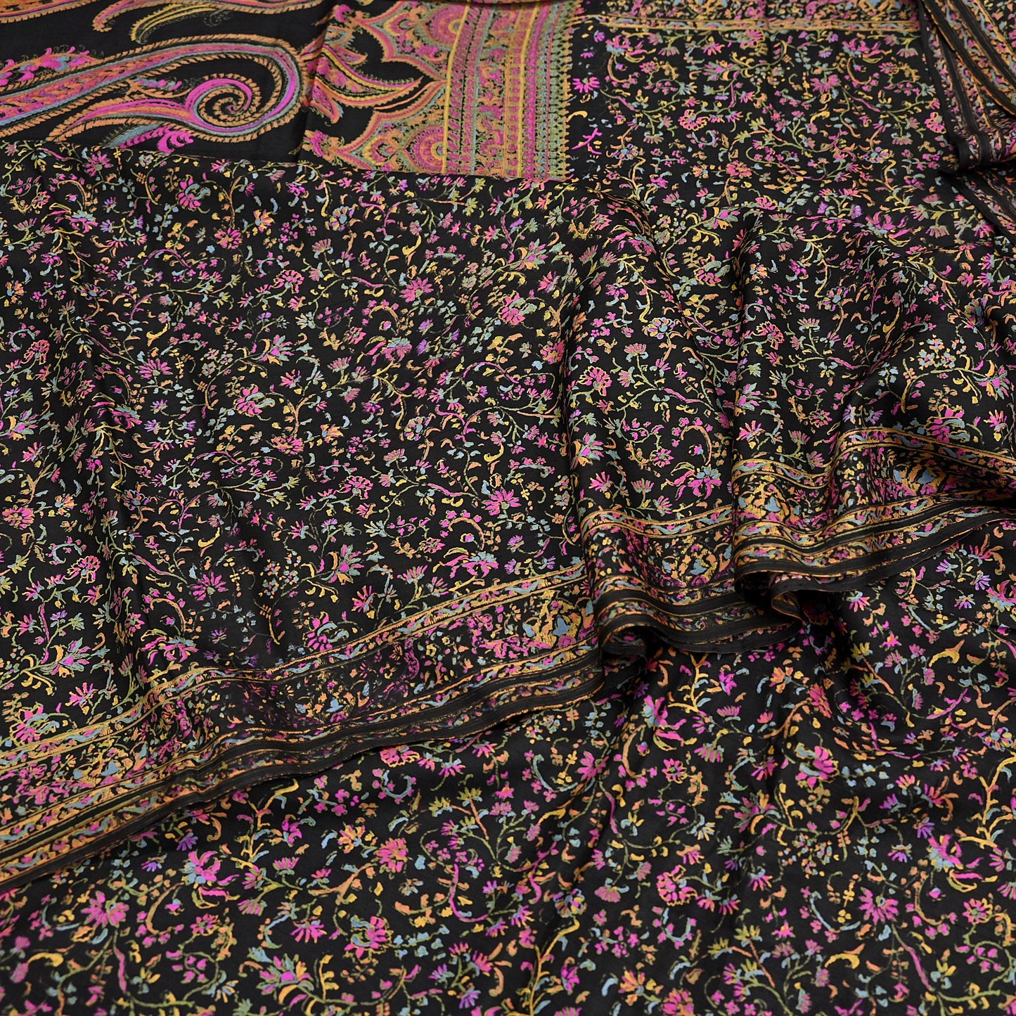 Indian Vintage Sari Black Printed Pure Silk Sarees Craft Fabric 5yd Sewing Floral Soft Dress Designing  for Crafting Quilting Upcycle Wrap