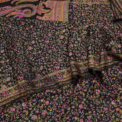 Indian Vintage Sari Black Printed Pure Silk Sarees Craft Fabric 5yd Sewing Floral Soft Dress Designing  for Crafting Quilting Upcycle Wrap